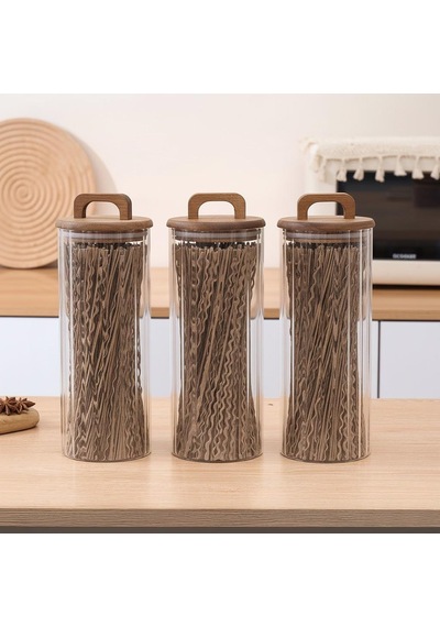 Borosilikat Cam Vakumlu Kavanoz 1550 Ml Akasya Kapaklı Bakliyat & Baharat Kavanozu 3 Adet Şeffaf