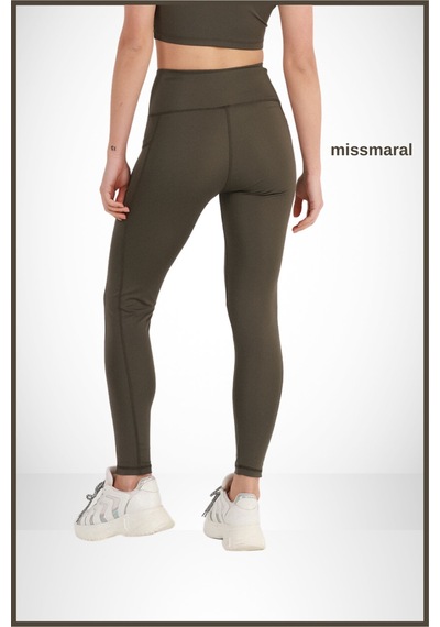 Kadın Tayt Haki Yüksek Bel Çift Cep Detaylı Mevsimlik Toparlayıcı Spor & Casual 1057 Haki