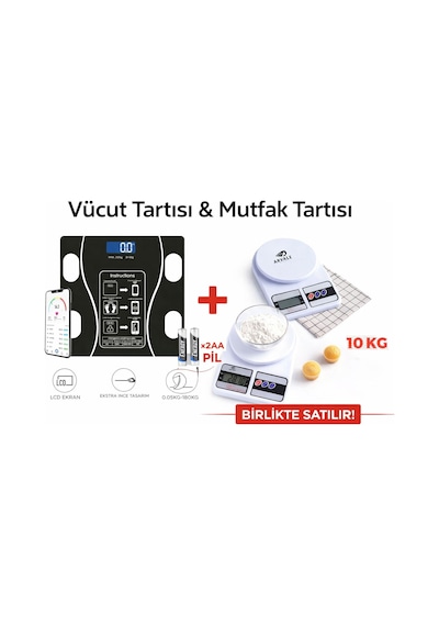 Akıllı Dijital Vücut Tartısı + Hassas Mutfak Tartısı Seti Lcd Ekran 180 Kg / 10 Kg Beyaz
