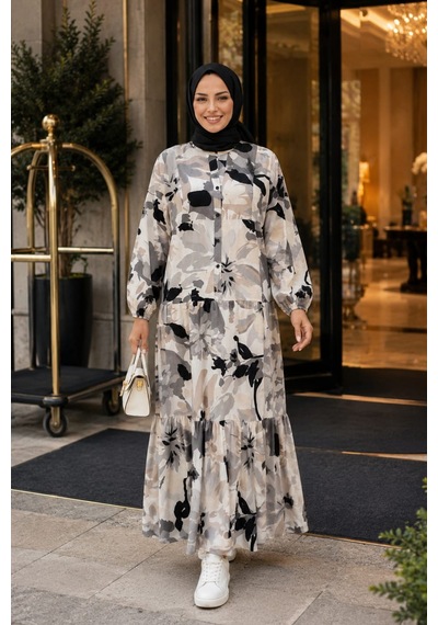 Hb Harma Time Butik Kadın Rahat Kesim Desenli Modal Kumaş Bej Elbise