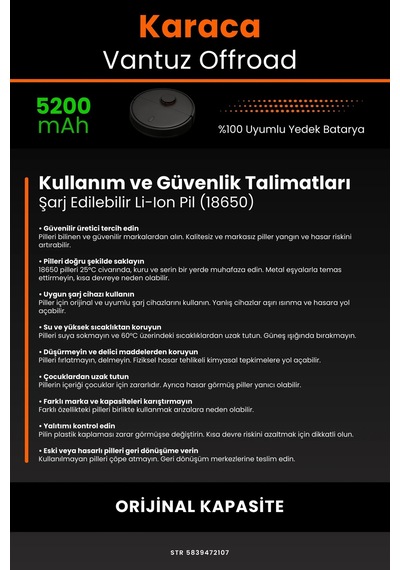 Karaca Vantuz Offroad 5200mah Robot Süpürge Bataryası