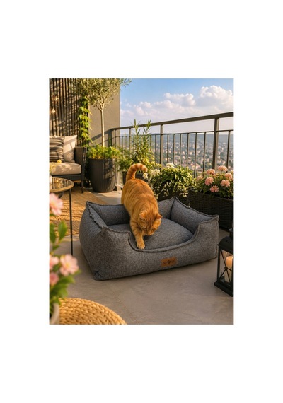Premium Kedi Ve Köpek Yatağı Kafa Destekli Kaydırmaz Taban Yıkanabilir Fermuarlı Çift Taraflı Minder %100 Boncuk Elyaf Gri 1607705288