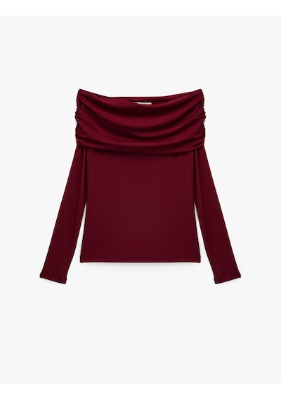Koton Slim Fit Uzun Kollu Drapeli Omzu Açık Tişört Bordo 6wak80032ek Bordo