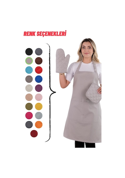 Simple 3lü Set Ayar Askılı Mutfak Önlüğü Seti Eldiven, Tutacak Açık Gri