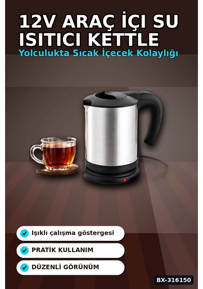 Oto Su Isıtıcı Kettle 12v Çakmaklık Girişli Paslanmaz Çelik Seyahat Tipi Bx-316150
