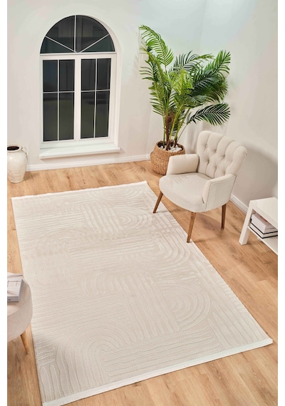 Vola 2906 Yumuşak Dokulu Modern Salon Mutfak Koridor Halısı Krem Tozumaz Makine Halısı Krem
