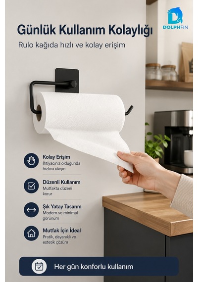 Yapışkanlı Rulo Kağıt Havluluk Mat Siyah Delmeden Montajlı Mutfak Banyo Havlu Askısı