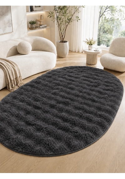 Oval Bubble Ultra Soft Puffy Kaymaz Taban Peluş Tavşan Tüyü Halı Antrasit