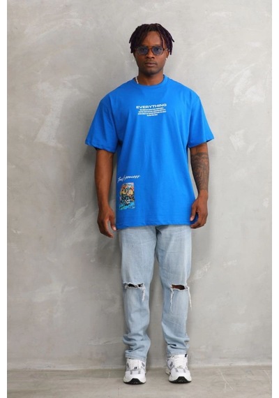Erkek Bisiklet Yaka Baskılı Oversize T-shirt - Mavi