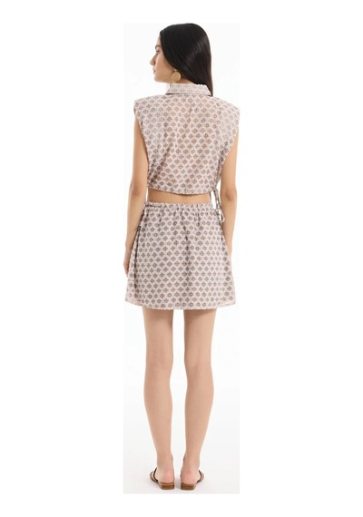 Fashion Cocktail Modern Etnik Desenli Yüksek Bel Mini Etek Ve Bağlamalı Bluz Yazlık İkili Takım Kahve Fashion Cocktail Modern Etnik Desenli Yüksek Bel Mini Etek Ve Bağlamalı Bluz Yazlık İkili Takım Kahve