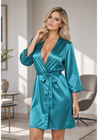 Sistina Zümrüt - 412 - Yeşili İpek Saten Sabahlık - 14009 - - Myceshop - Beden S Zümrüt Yeşili