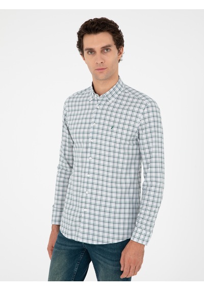 Cacharel Haki Slim Fit Pamuklu Kareli Gömlek Yeşil