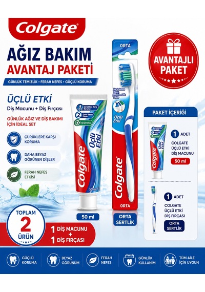 Colgate Üçlü Etki 50 Ml Diş Macunu + Orta Diş Fırçası Avantaj Paketi Diş Eti Bakımı