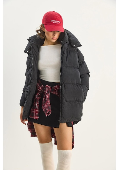 Shade Kadın Kapüşonlu Cep Detaylı Astarlı Oversize Krinkıl Şişme Mont 60283684 - Siyah