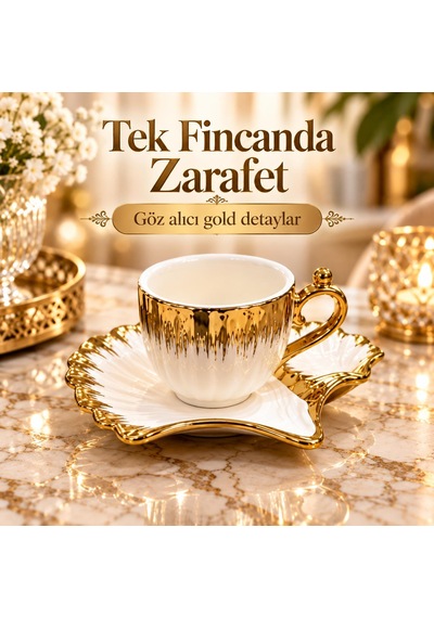 Valkyrie 6 Kişilik 12 Parça Gold Fiyonklu Porselen Türk Kahvesi Fincan Seti 80 Ml Kutulu Beyaz Altın