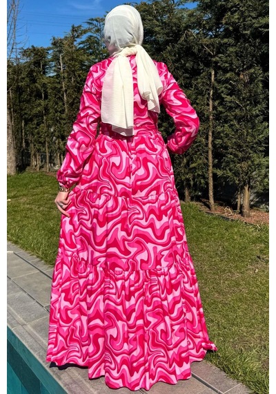 Rabia Şamlı Su Desenli Elbise Pembe Normal