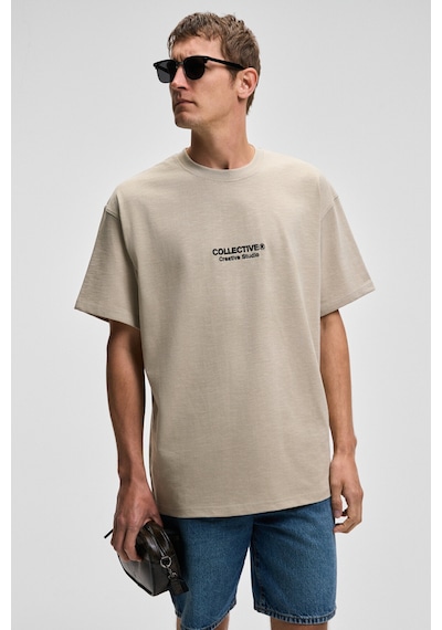 Grımelange COLLECTIVE Erkek Ön Nakış Arka Baskı Detaylı %100 Organik Pamuk Oversize Kısa Kol Taş Rengi T-Shirt