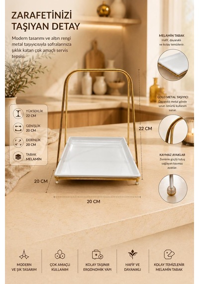 Gold Metal Standlı Melamin Servis Tepsisi Dekoratif Sunum Standı