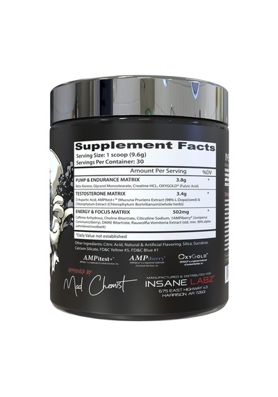 Insane Labz Psychotic Test Energy Pump Boosting Preworkout Dmae Bitartrate D-aspartic Acid Creatine Aromalı