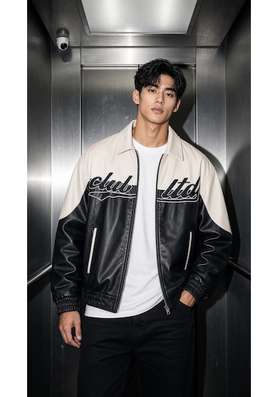 Oksit Club Ltd Nakış Detaylı Vintage Colorblock Gömlek Yaka Deri Bomber Ceket Siyah