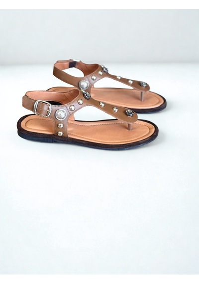 Ne&ve Shoes Taba Hakiki Deri Kadın Parmak Arası Taşlı Sandalet