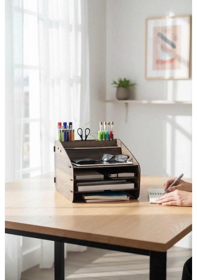 Evrak Rafı Masaüstü Medium Organizer Ceviz Desenli 3mm Mdf Kemençe