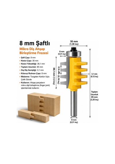 Mikro Diş Ahşap Birleştirme Frezesi 35 38,1 85 Mm 8 Mm Şaft