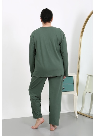 Akbeniz Kadın Büyük Beden Uzun Kol Penye Pijama Takımı Haki 202501 Haki