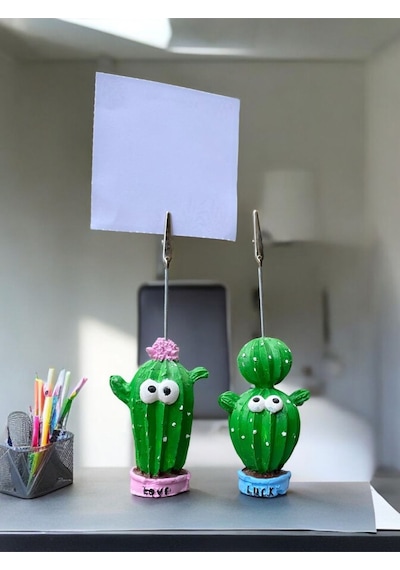 Love Ve Lucky Temalı 2'li Sevimli Kaktüs Fotoğraf Not Tutacağı Ofis Masası Not Tutucu Hediyelik Yeşil