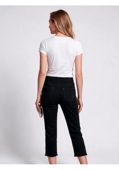 Seleste Kadın Yüksek Bel Düz Kesim Püsküllü Paça Crop Denim Pantolon Siyah