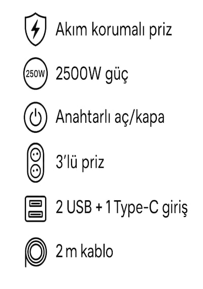 Ftr 2500w Termal Akım Korumalı 3 Lü Priz 2 Usb, 1 Type-c, Sigortalı Çoklayıcı, 2 M Kablo 0.2 M
