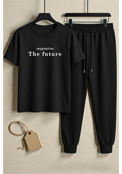 Uyguntarz Unisex The Future Tasarım Baskılı Tişört - 2'li Eşofman Takımı Siyah Uyguntarz Unisex The Future Tasarım Baskılı Tişört - 2'li Eşofman Takımı Siyah