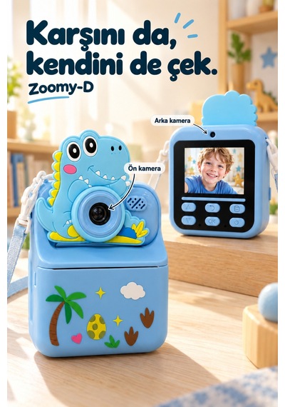 Kj/zm-002 Zoomy-d Dinozor Figürlü Anında Baskılı Çocuk Fotoğraf Makinesi, Çift Kamera, 2,4 İnç Ekran, 1080p Video, 3+ Yaş Mavi