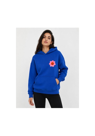 Herkesemoda Emoji Çiçek Baskılı Kapüşonlu 2 İplik Şardonlu Sweatshirt Mavi
