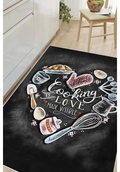 Dijital Baskılı Dekoratif Kaymaz Taban Yıkanabilir Cooking Love Halı Mutfak Halısı Yolluk Salon Halısı