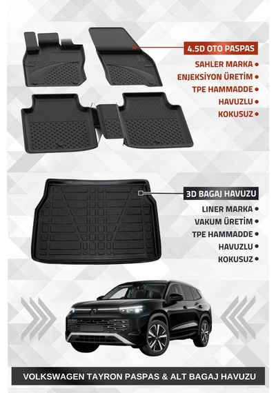 Sahler Volkswagen Tayron 2024 Sonrası Uyumlu 4.5d Premium Havuzlu Oto Paspas Ve Liner Alt Bagaj Havu