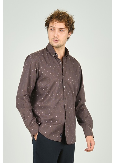 De Leone Erkek Slim Fit Desenli Uzun Kollu %100 Pamuk Gömlek 2045 Kahverengi Kahverengi