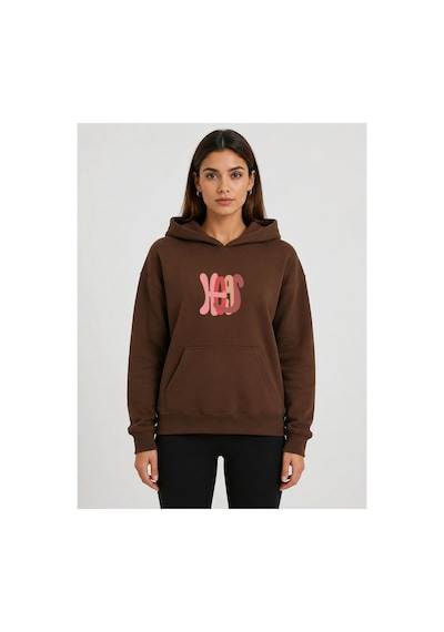 Herkesemoda Hugs Baskılı Kapüşonlu 2 İplik Şardonlu Sweatshirt Kahverengi