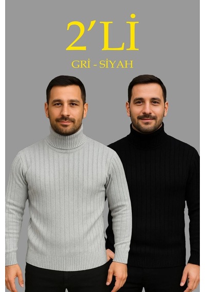 Erkek Fitilli Kazak Tam Boğazlı Balıkçı Yaka Triko 2'li Set Gri-siyah Çok Renkli