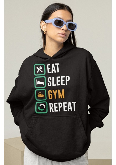 Sevbano Eat Sleep Gym Repeat Bodybuilding Fitness Gym Baskılı Unisex Over Siyah