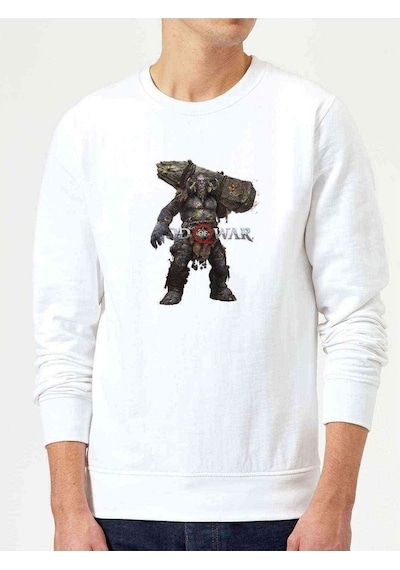 God Of War Silhouette Baskılı Beyaz Erkek Örme Sweatshirt