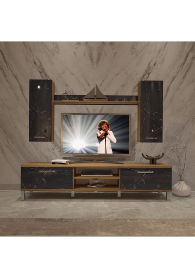 Decoraktiv Eko 5d Mdf Dvd Krom Ayaklı Tv Ünitesi Tv Sehpası Pera - Siyah Mermer