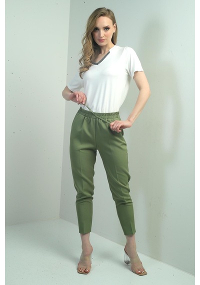 By Saygı Kadın Beli Lastikli Yandan Cepli Havuç Paça Pantolon-40784 Yeşil