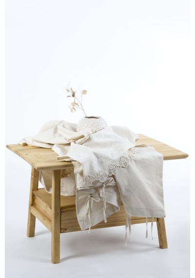 Ecocotton Amanda Çift Kişilik Nevresim Takımı %100 Organik Pamuk Keten Dantelli Krem 200x220 Cm-1473 Krem
