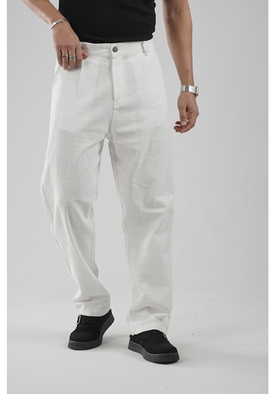 Baggy Fit Kalıp Pamuklu Keten Pantolon Beyaz