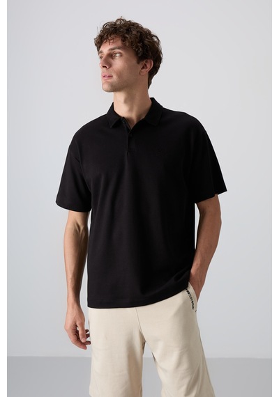 Tommy Life Siyah Pamuklu Kalın Yumuşak Dokulu Oversize Fit Basic Polo Yaka Erkek T-shirt - 88327 001