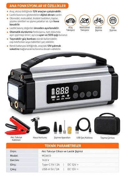 Mc6613-akü Takviye Cihazı Hava Pompası Reflektör Uyarı Işığı Camp Feneri Bisiklet Motorsiklet Araba Top Şişirmek İçin Başlık Tutma Saplı Şarj Edilebilir Powerbank Taşıma Çantalı