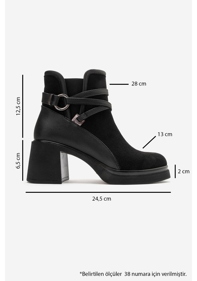 Luvi Shoes Venıce Siyah Süet Kemerli Kalın Topuklu Kadın Bot