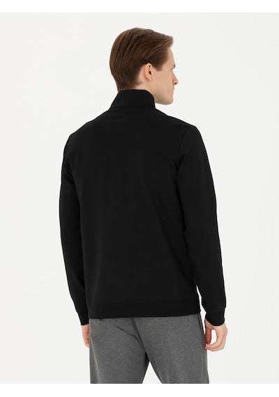 Siyah Regular Fit Yarım Fermuarlı Cepli Sweatshirt