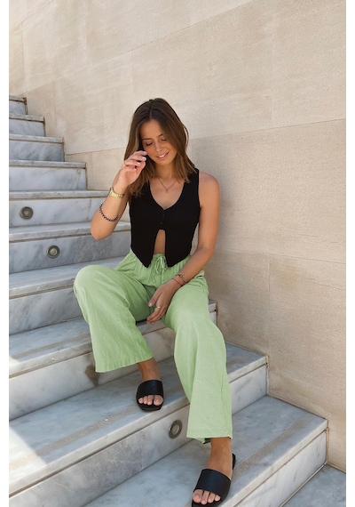 Madmext Yeşil Beli Büzgülü Wide Leg Kumaş Pantolon Mg1950-yeşil Yeşil